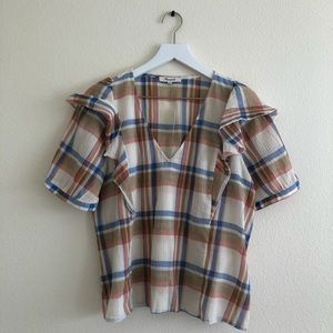 NEW Madewell Gauze Ruffle Short Sleeve Top Large in Plaid